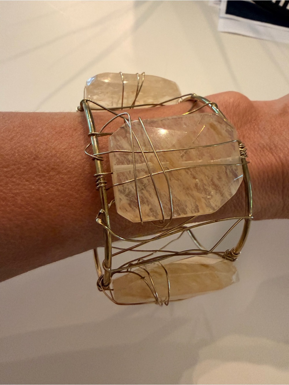 Vintage Boho Raw Quartz Citrine Wire Wrapped Statement Cuff Bracelet